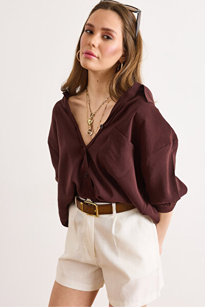 Olalook Women's Bitter Brown Pleated Back Oversized Flowy Modal Shirt Gml-190...