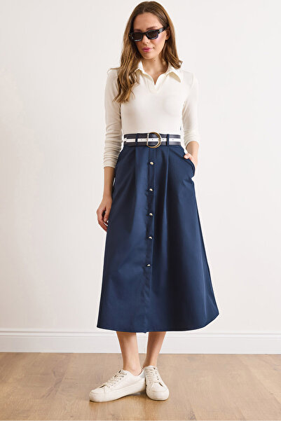 Olalook Rochie de damă, albastru marin, cu guler polo, cu curea, buzunare și ...