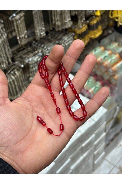 tesbihciniz سبحة من حجر العنبر الناري الأحمر المقطوع على شكل كبسولة - بطول مع...