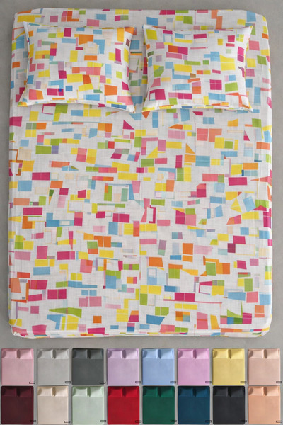 İQON طقم ملاءات سرير مسطحة منسوجة من رانفورس بألوان هندسية - 21 لونًا