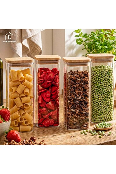 Elindor Set of 4 Elindor® Glass Jars with Airtight Bamboo Lid, 1000 ml Jar, 8...
