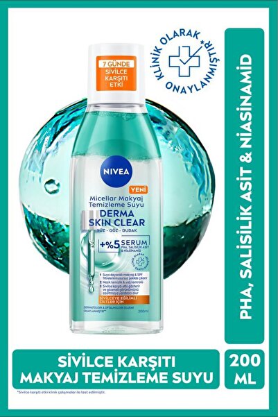 NIVEA Micellar Makyaj Temizleme Suyu Derma Skin Clear 200 ml, Karşıtı,Niasina...