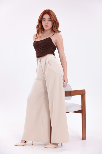 H&A İSTANBUL Women's Extra Wide Leg Flowy Palazzo Pants with Back Elastic - High Waist Relaxed Fit
