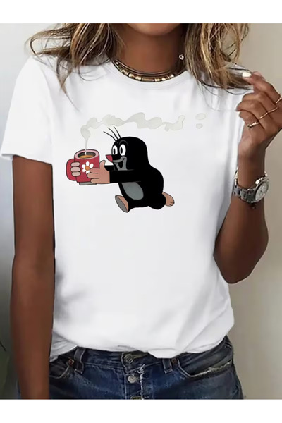 LİNA06 1 قطعة تي شيرت جديد للخريف والشتاء - طباعة كرتونية تصور شخصية تحمل كوب...