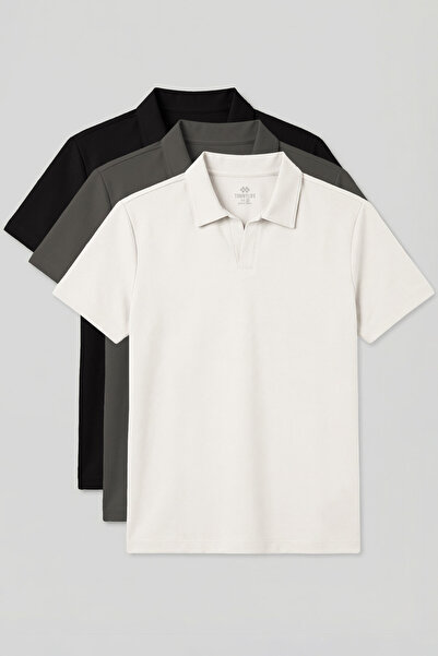 TOMMY LIFE Ανδρικό T-Shirt Rahat Form Polo Neck 3-pack Μαύρο-Χακί-Εκρού - 88496