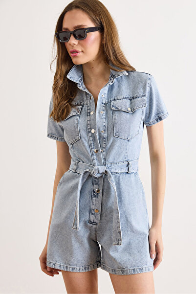 Olalook Women's Light Blue Belted Denim Shorts Overalls with Pockets Tlm-1900...