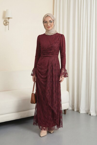 Modamorfo Sleeve cuff flounced front draped lined lace dress -burgundy