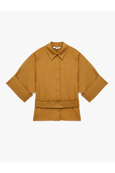 Koton Viscose Blended Textured Wide 3/4 Short Sleeve Belted Oversize Shirt