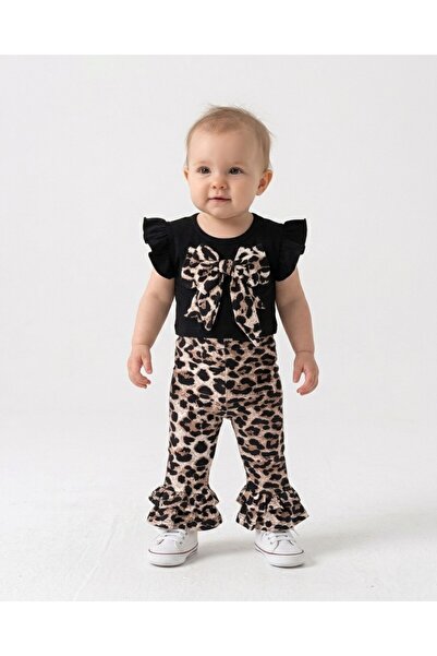 VOY KİDS Baby Girl Summer Clothes Leopard Bow Detailed Ruffle Tights 6-9-12-1...
