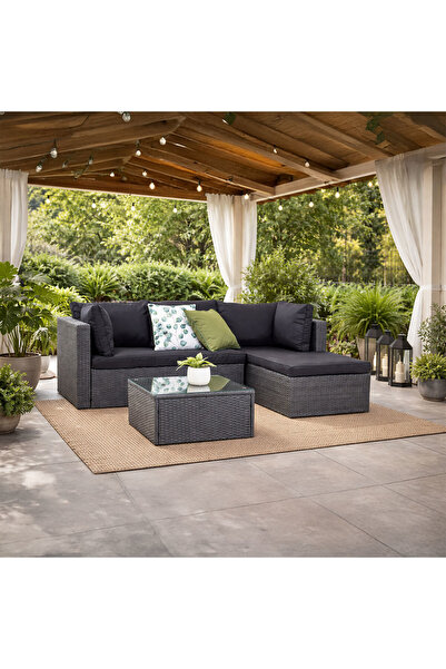 ENLIS Rattan Köşe Oturma Grubu Gri Bahçe Balkon L Koltuk Seti Minderli Sehpalı