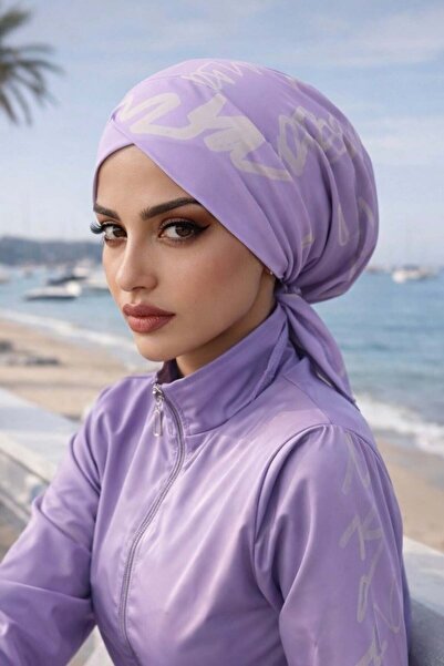 Aişe tesettür Lila Beyaz Çapraz Havuz - Deniz Bonesi
