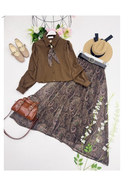 YEDİLALE طقم قميص وتنورة مايا مكون من قطعتين [حزام، وشاح ينتمي إلى المنتج، مق...