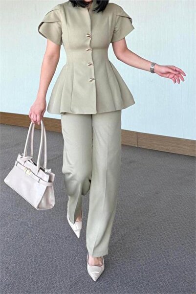 Dipmoda Women's Mint Green Gold Button Detailed Peplum Cut Premium Suit Dpstr...