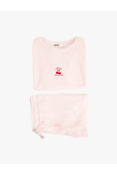 Koton Cherry Detailed Crew Neck Short Sleeve Textured Pajama Set
