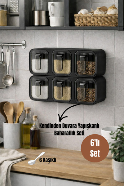 Blackstar 6'Lı Kendinden Duvara Yapışkanlı Kaşıklı Baharatlık Takımı - Kapakl...
