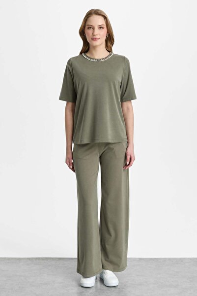 Mutlu Ertan Women's Pearl Detailed Short Sleeve Blouse Khaki 30473