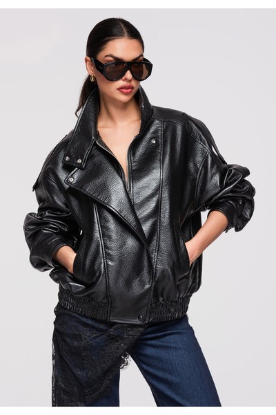 OMBRE Women's Short Leather Jacket OW-JAFL-0136 Black