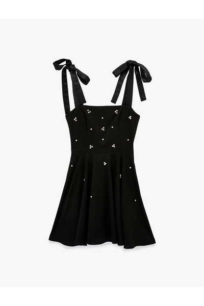 Koton Μίνι φόρεμα από ύφασμα κρεπ σκούμπα με λεπτομέρεια από πέτρα και φιόγκο...