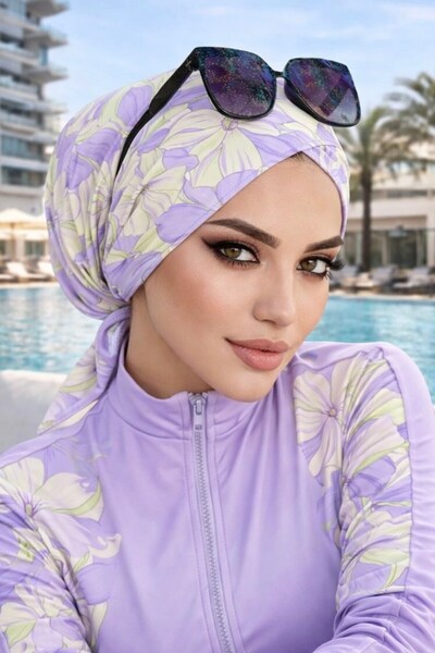 Aişe tesettür Lilac Yellow Patterned Cross Pool - Sea Cap