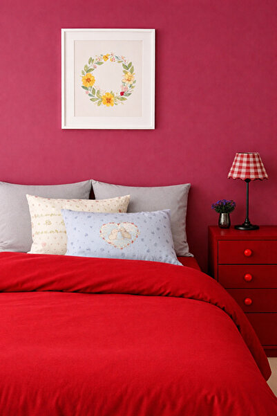 İQON Flat Sheet Duvet Cover Set 100% Cotton Single Size Red-Grey