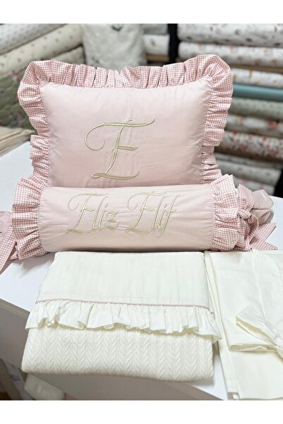 GAYE EV TEKSTİLİ طقم بيكيه للأطفال مطرز من القطن (مع وسادة كاندي)