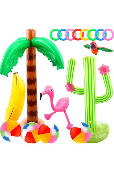 Arabest 18-Piece Inflatable Beach Party Set, Palm Tree Cactus Ring Toss Toys