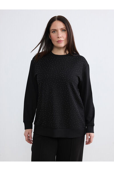 LC Waikiki Peak New Season Plus Size Crew Neck Rhinestone Women's Sweatshirt