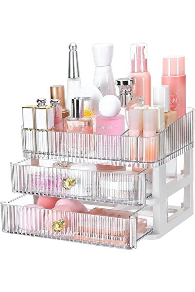 Arabest منظم مكياج من طبقتين، حامل شفاف لتخزين مستحضرات التجميل على طاولة الزينة