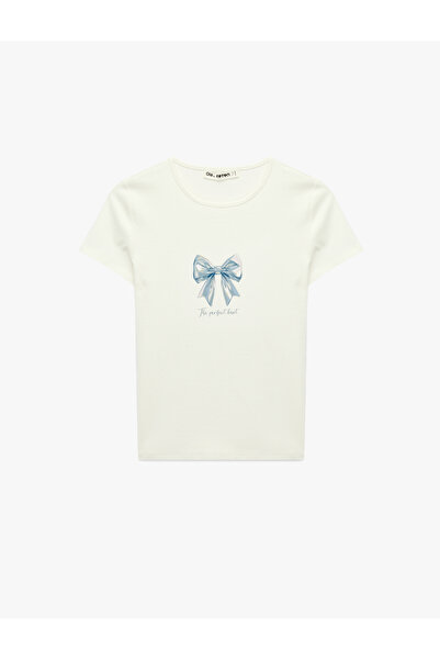 Koton Short Sleeve Crew Neck Cotton Slim Fit Bow Printed T-Shirt