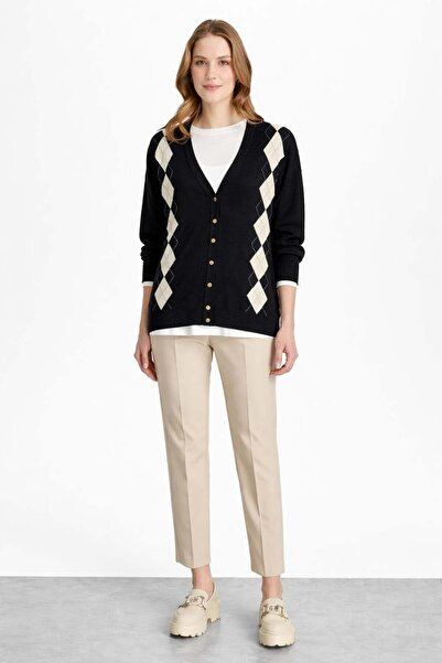 Mutlu Ertan Women's Diamond Buttoned Cardigan Black-Beige 20339