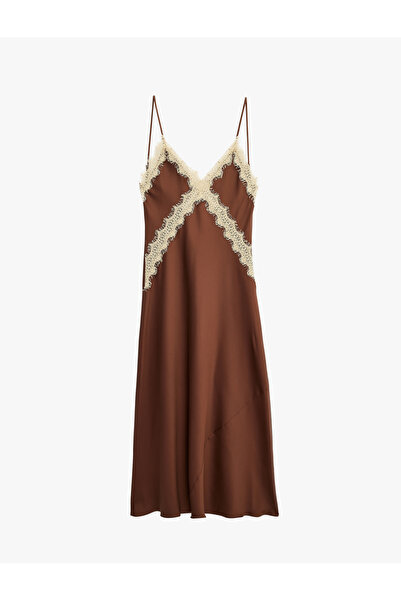 Koton Lace Detailed Thin Strap Long Satin Slip Dress