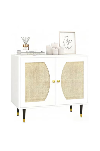 KEKE Modern White Storage Cabinet with Rattan Doors, Accent Sideboard with Go...