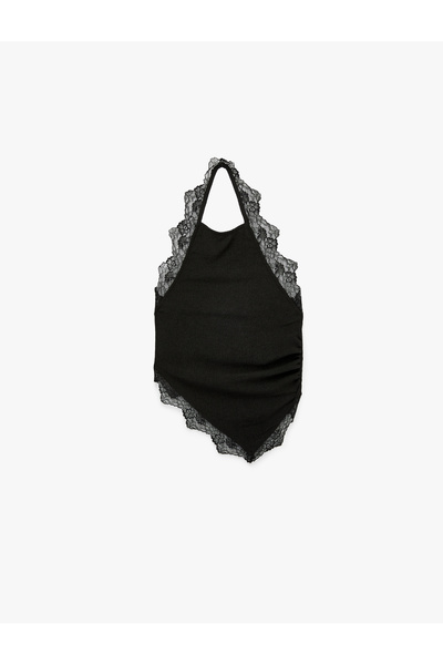 Koton Bürümcük Kumaş Asimetrik Kesim Dantel Detaylı Halter Yaka Bluz