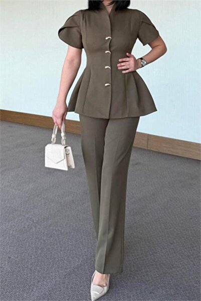 Dipmoda Women's Khaki Gold Button Detailed Peplum Cut Premium Suit Dpstr4423