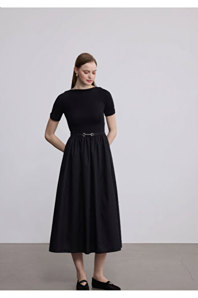 SevdeUgur Rochie de damă cu mânecă scurtă, cu curea, lungime maxi, negru