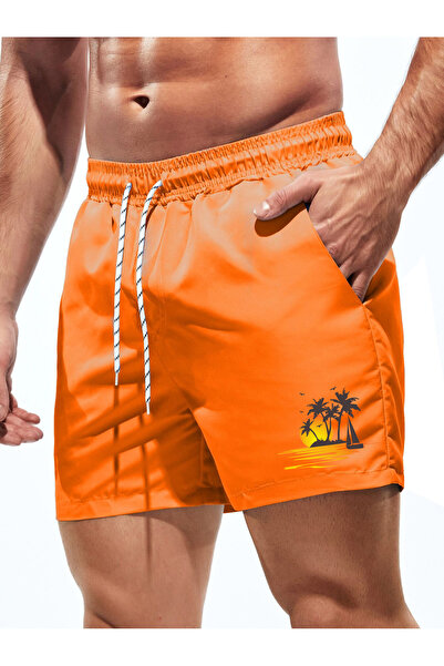 MEYASU Pantaloni scurti de baie pentru bărbați, portocalii, cu imprimeu Calif...