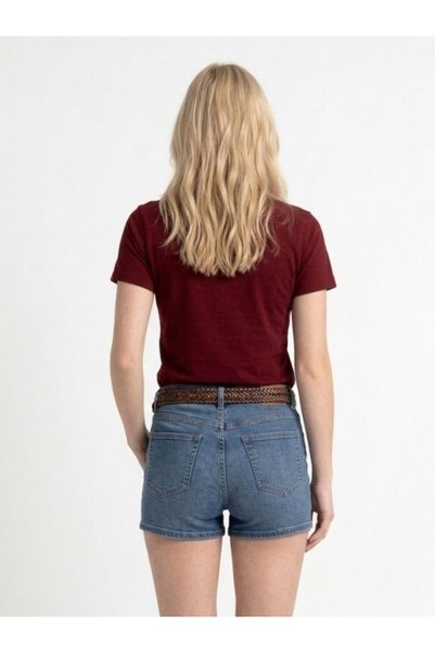 EXPECTED Women's Burgundy Polo Collar Striped Short Sleeve Body Slim Fit Stretchy Lycra 100% Cotton Summer