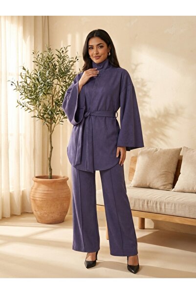 Finelook Modern Modest Suede Set for Women — High Neck Belted Abaya Style