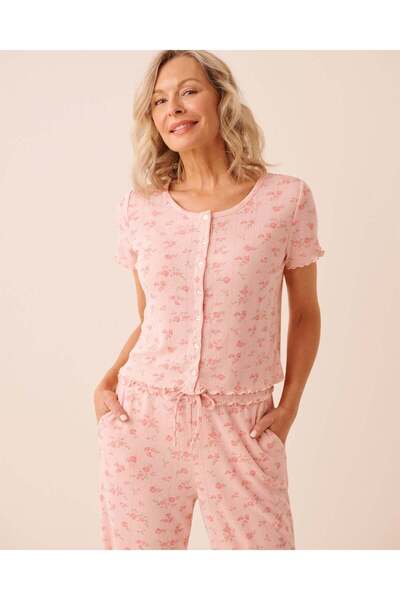 La Vie en Rose تي شيرت بطبعة زهور وحافة مكشكشة ونقشة بوينتيل