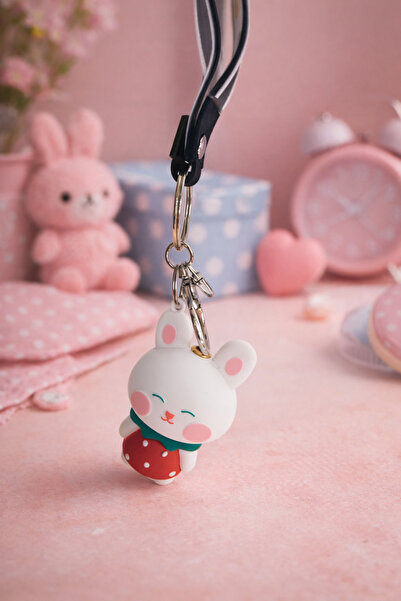 esdekor Strawberry Detailed Rabbit Figured Keychain Bag Ornament White 1 Piece
