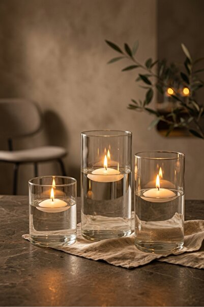 ZURİ DESİGN Cam Şamdan Mumluk 3’lü Set – Dekoratif Silindir Mumluk 9x10 - 9x1...