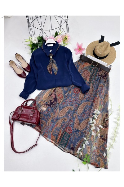 YEDİLALE Moda Fularli Shirt Skirt Dual Set [Scarf and Belt Are Included, Larg...