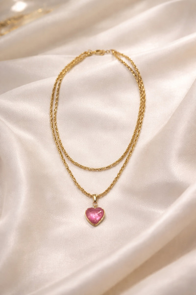 Helen Atelier Venüs Kalp Boncuk Kolye | Gold Tonlu Çoklu Sıra Pembe Kalp Uçlu...