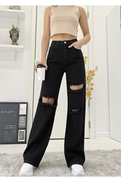BİENAL BUTİK Black Ripped Women's Loose Stretch Fabric 90's Super High Waist ...