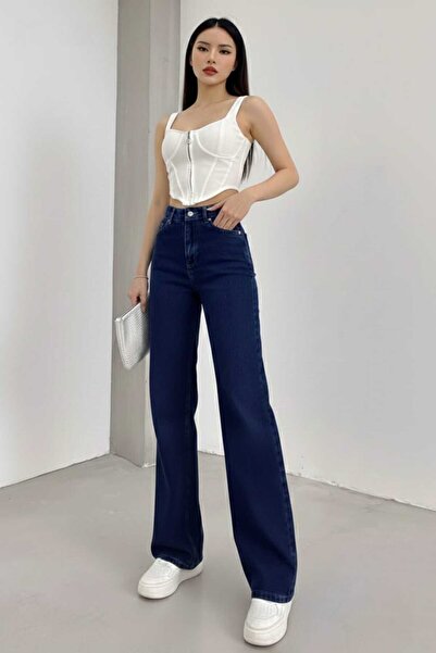 BİENAL BUTİK Navy Blue High Waist Loose Jeans Dark Blue Washed Palazzo Lycra ...