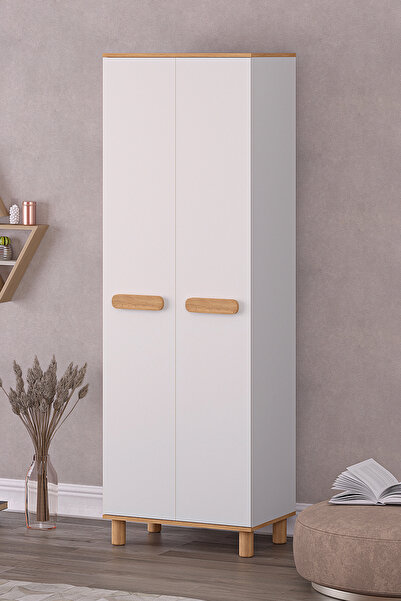 Rabi Mila 2 Kapaklı Beyaz - Meşe Mega Gardırop (Bohem Ayaklı)