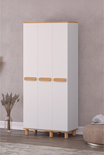 Rabi Mila 3 Kapaklı Beyaz - Meşe Mega Gardırop (Bohem Ayaklı)