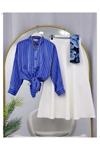 YEDİLALE Striped Satin Shirt and Flared Skirt Two-Piece Set [Excluding Shawl]