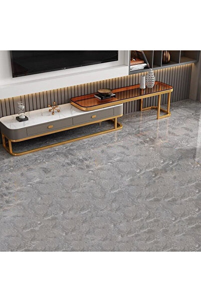 KEKE Modern TV Stand 100cm Walnut Grey Cabinet with Gold Frame & 2 Drawers