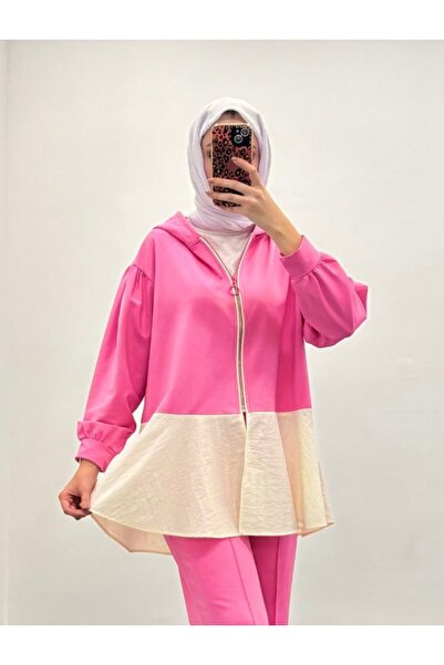 Suede Style 9258 - Comfortable and Stylish Hooded Long Tunic with Fabric Trim